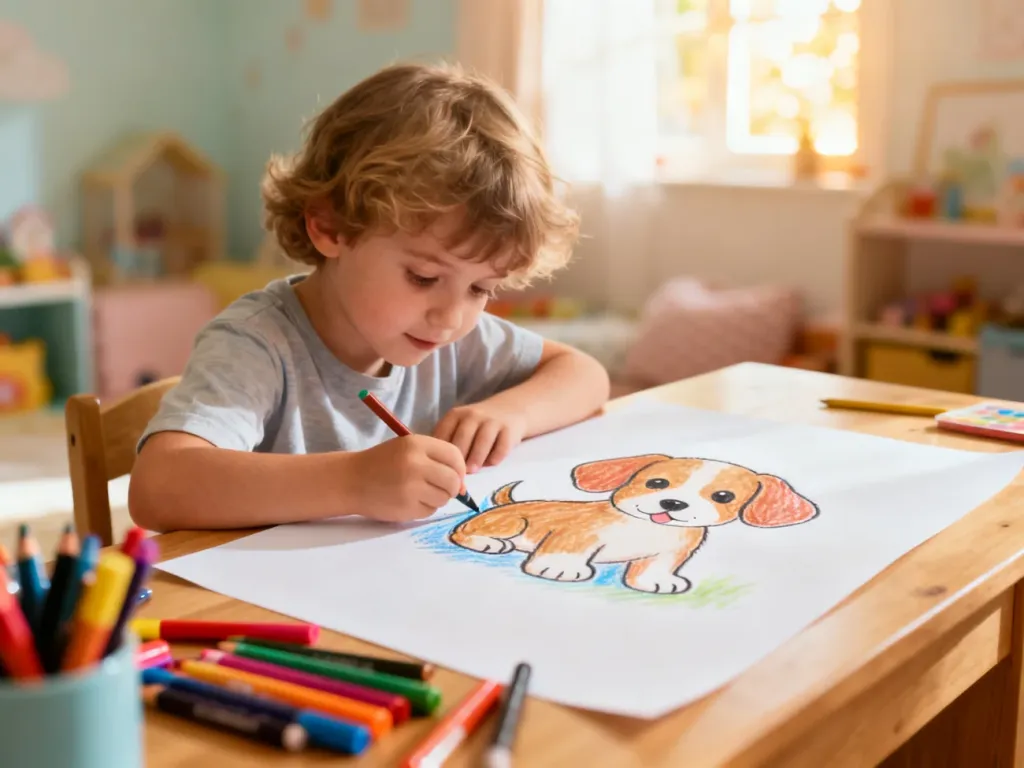 Dziecko z radością rysuje pieska kredkami na dużej kartce papieru w przytulnym pokoju zabaw.