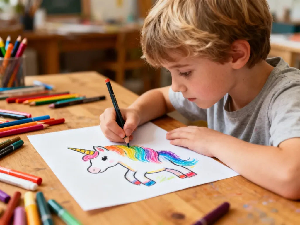 Dziecko z radością rysuje kolorowego jednorożca na kartce papieru przy drewnianym biurku w przytulnej pracowni.