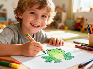 Dziecko rysuje żółtym ołówkiem postać przypominającą Pikachu na kartce papieru w przytulnej pracowni plastycznej.