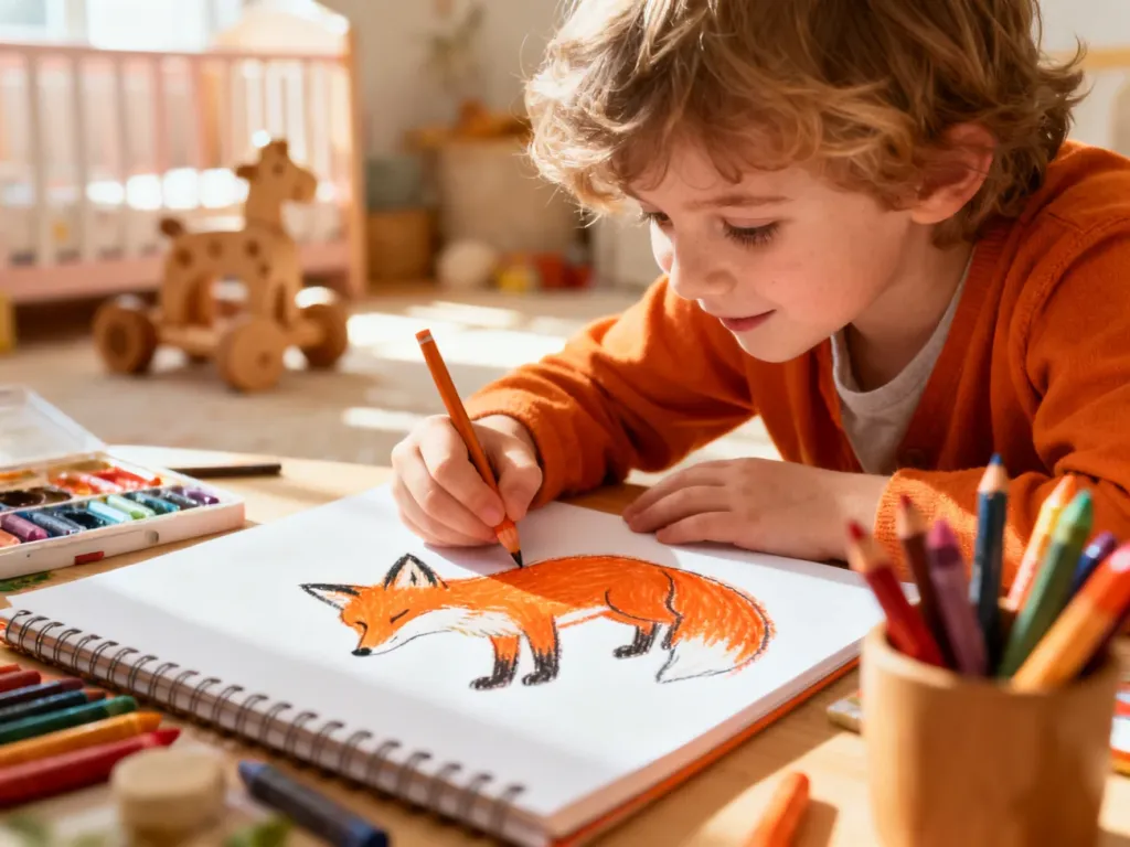 Dziecko z radością rysuje kolorowymi kredkami rudego lisa na kartce papieru w przytulnym pokoju.