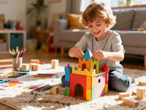 Dziecko z radością rysuje kolorowego jednorożca na kartce papieru przy drewnianym biurku w przytulnej pracowni.