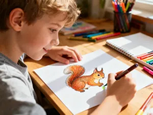 Kobieta rysuje czarnym pisakiem ptaka, wykorzystując małą literę „b” jako bazę na białej kartce papieru.