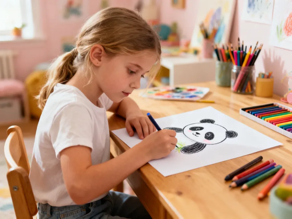 Dziewczynka skupiona na rysowaniu pandy kredkami na kartce papieru przy drewnianym biurku.