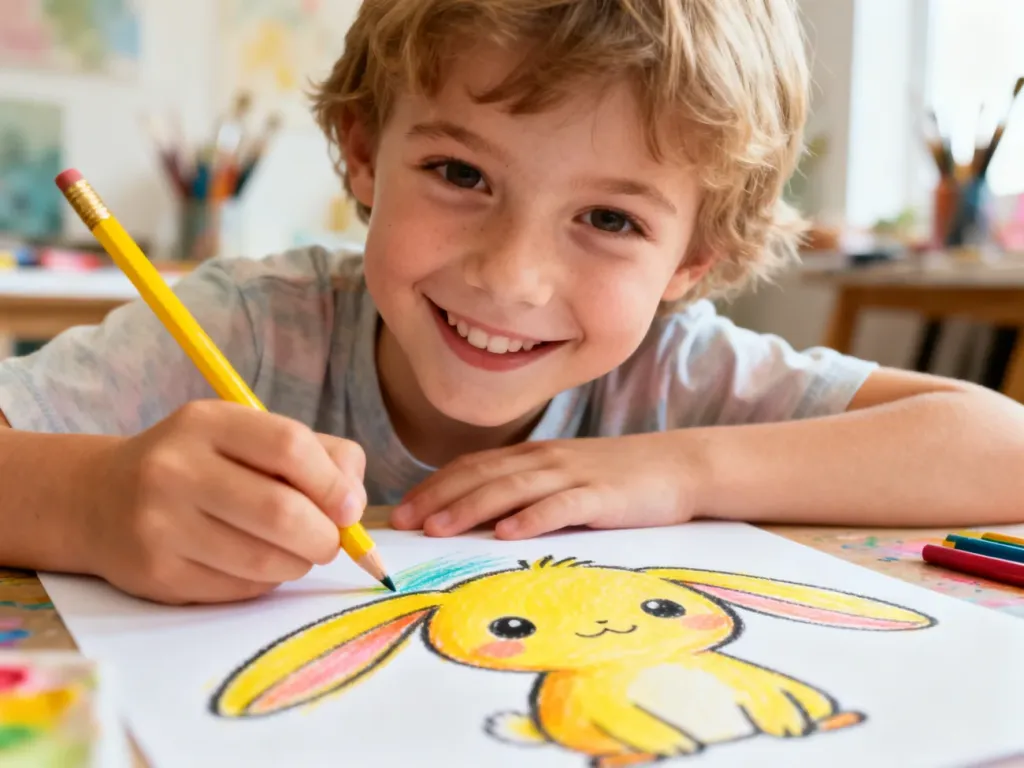 Dziecko rysuje żółtym ołówkiem postać przypominającą Pikachu na kartce papieru w przytulnej pracowni plastycznej.