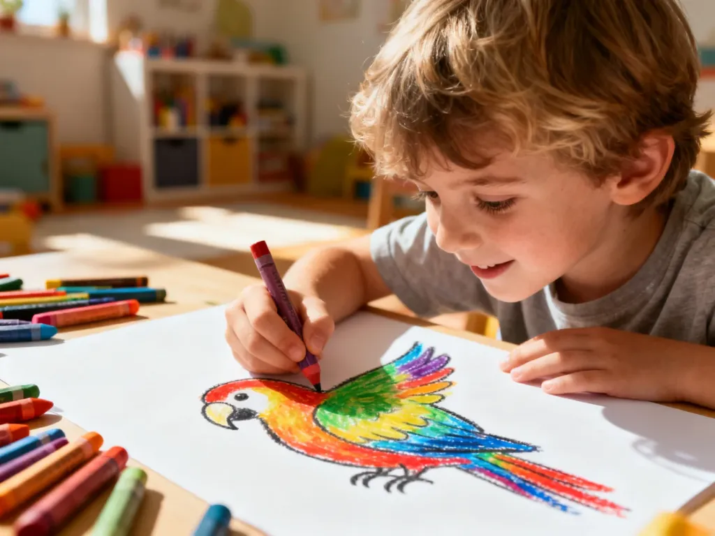 Dziecko z radością rysuje kolorową papugę kredkami na dużym arkuszu papieru w słonecznym pokoju.