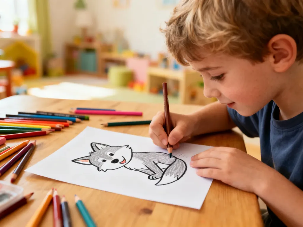Dziecko z radością rysuje kredkami prostego wilka w przytulnym pokoju zabaw.